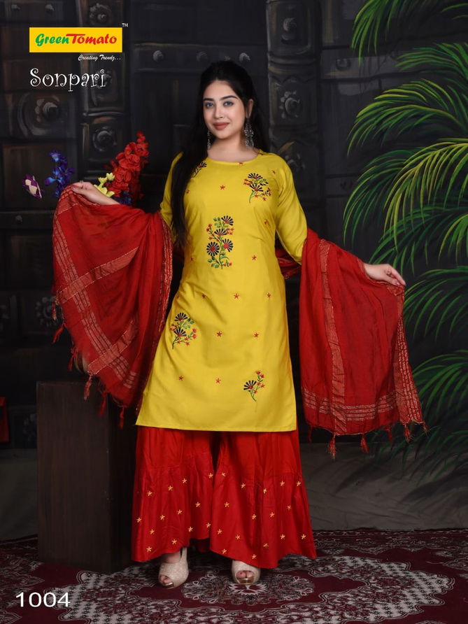 Green Tomato Sonpari Rayon Designer Fancy Ethnic Wear Kurti Sharara And Dupatta Collection